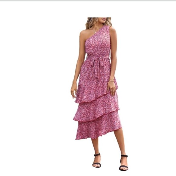 PrettyGarden Med. Floral Dress. One shoulder. NO TIE. Tiered Ruffle. Midi. Bojo - Picture 1 of 4